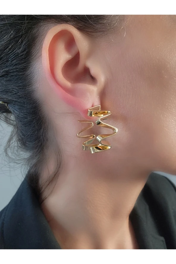 Zikzak Model Halka Altın Kaplama Renk Küpe - Resim 4