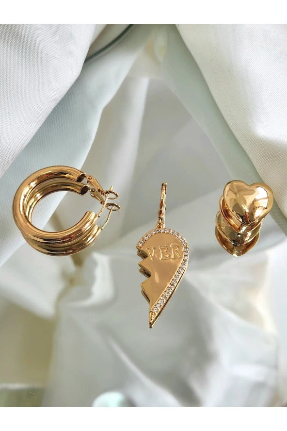 3'lü Halka Kalp Tombik Altın Kaplama Gold Renk Çelik Küpe Seti - Resim 3