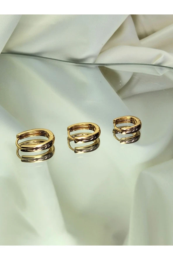 3'lü Klasik Zarif Oval Halka Model Altın Kaplama God Renk Küpe Seti - Resim 4