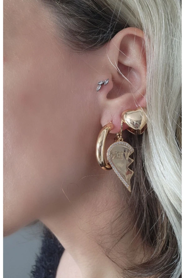 3'lü Halka Kalp Tombik Altın Kaplama Gold Renk Çelik Küpe Seti - Resim 4