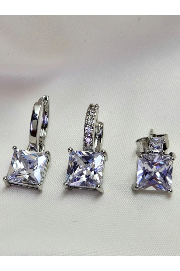 3'lü Klasik Zarif Baget Model Zirkon Silver Gümüş Renk Küpe Seti - Resim 2