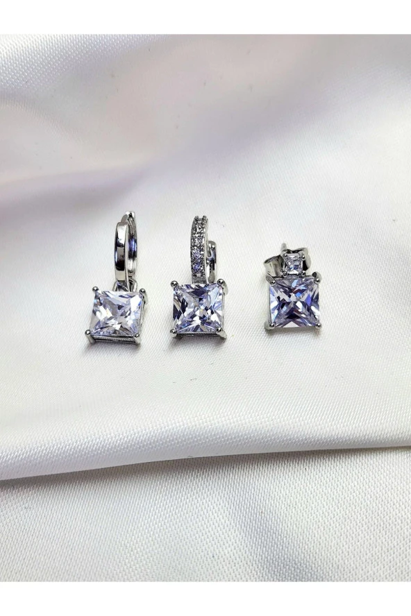 3'lü Klasik Zarif Baget Model Zirkon Silver Gümüş Renk Küpe Seti - Resim 3