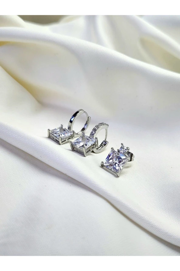 3'lü Klasik Zarif Baget Model Zirkon Silver Gümüş Renk Küpe Seti - Resim 4