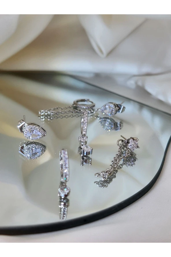 6'lı Damla - Baget - Çiçek Çelik Gümüş Silver Renkli Küpe Seti - Resim 2