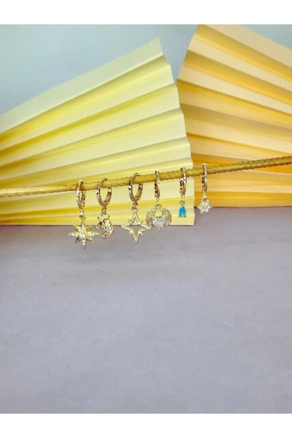 6' Lı Kutup Yıldızı - Melek Kanadı - Mavi Damla Model Altın Kaplama Çelik Küpe Seti ürün görseli