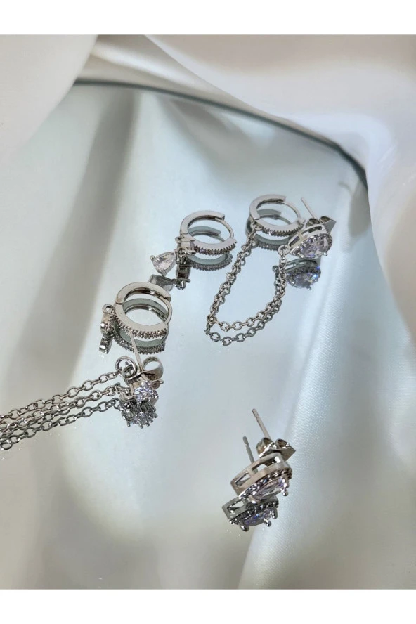 6'lı Damla - Baget - Çiçek Çelik Gümüş Silver Renkli Küpe Seti - Resim 3