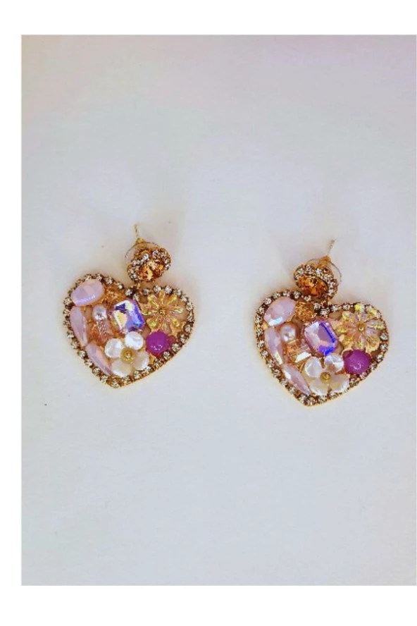 Kalp Çiçek Yaz Model Taşlı Küpe - Resim 2