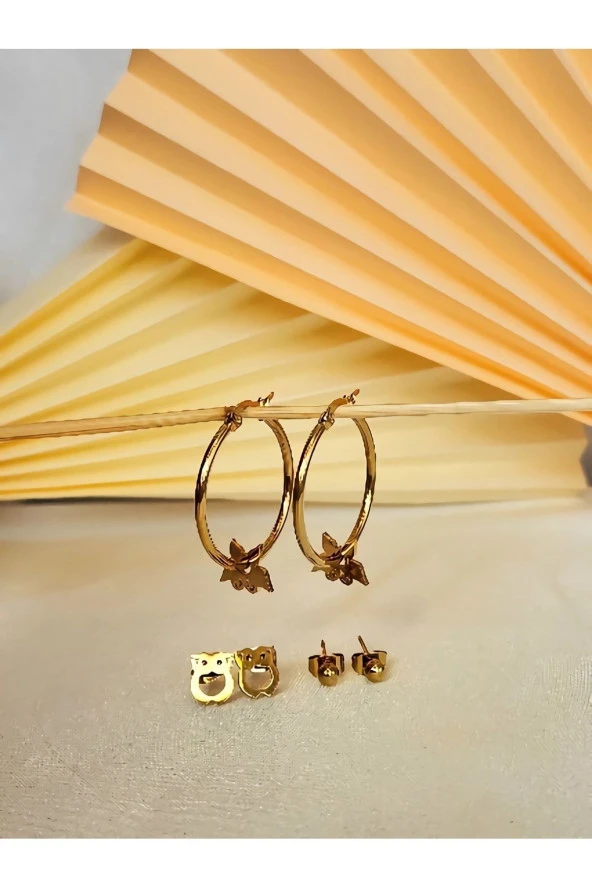 6'lı Baykuş Kelebek Top Halka Altın Kaplama Gold Çelik Küpe Seti - 2