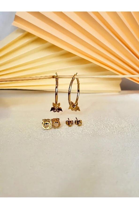 6'lı Baykuş Kelebek Top Halka Altın Kaplama Gold Çelik Küpe Seti - 3