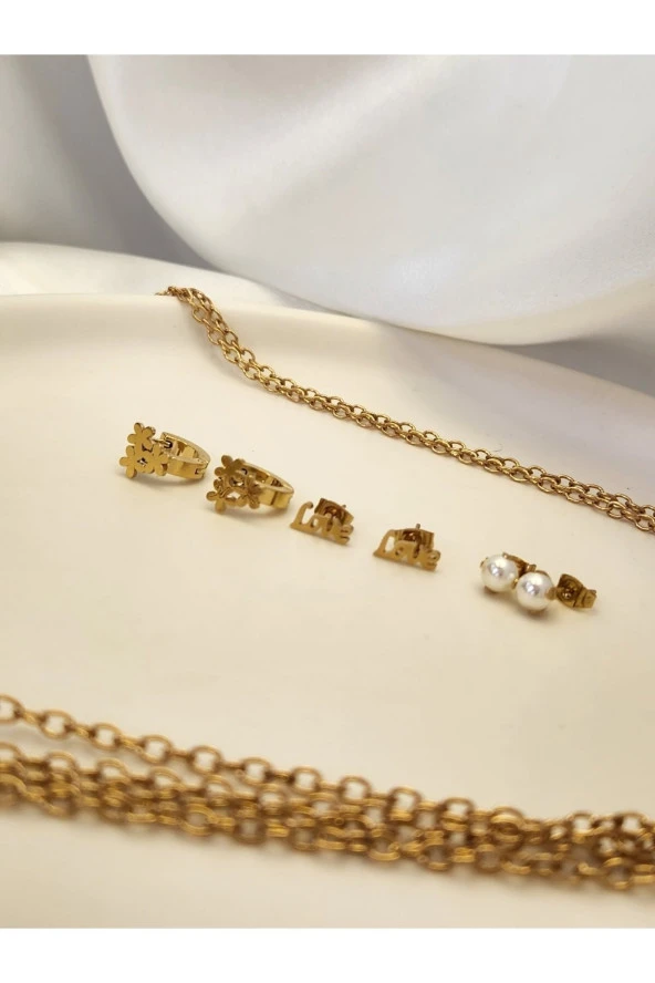 6'lı Çiçek Love Yıldız Model Çelik Altın Kaplama Küpe Seti - Resim 2