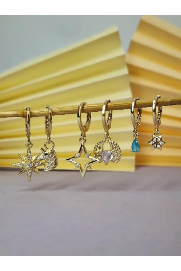 6' Lı Kutup Yıldızı - Melek Kanadı - Mavi Damla Model Altın Kaplama Çelik Küpe Seti - Resim 2