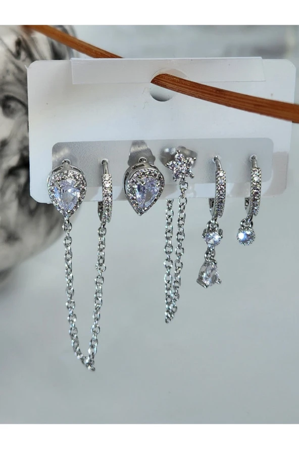 6'lı Damla - Baget - Çiçek Çelik Gümüş Silver Renkli Küpe Seti - Resim 4