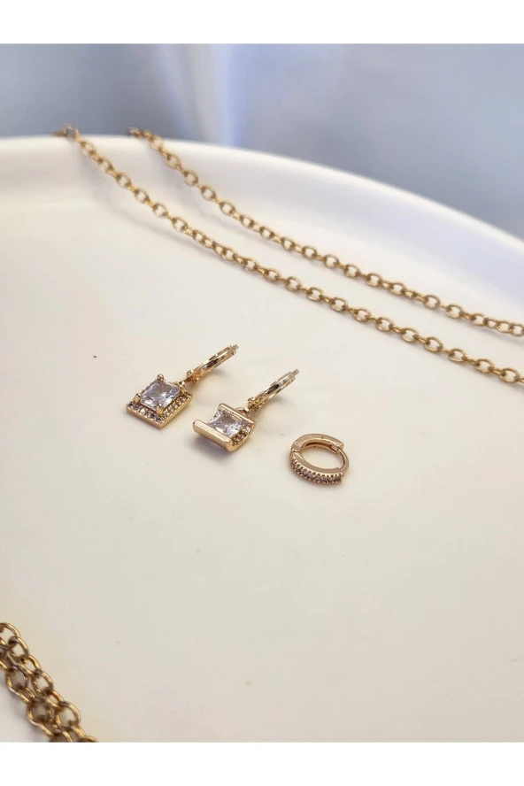 3'lü Baget Model Altın Kaplama Küpe Seti - Resim 3