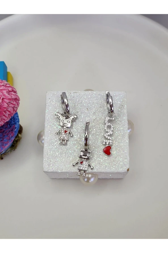 3' Lü Sevgili Çift Kalp Love Çelik Küpe - Resim 2