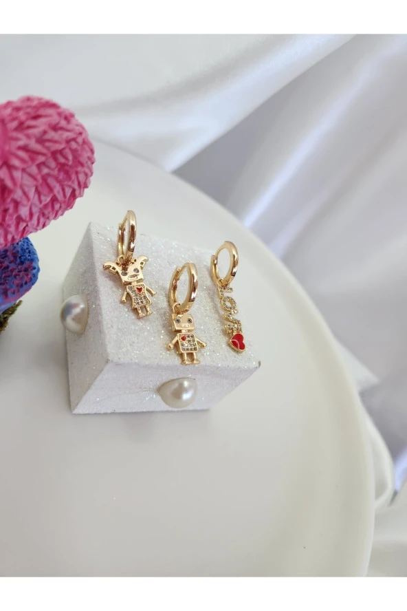 3' Lü Sevgili Çift Kalp Love Altın Kaplama Çelik Küpe ürün görseli