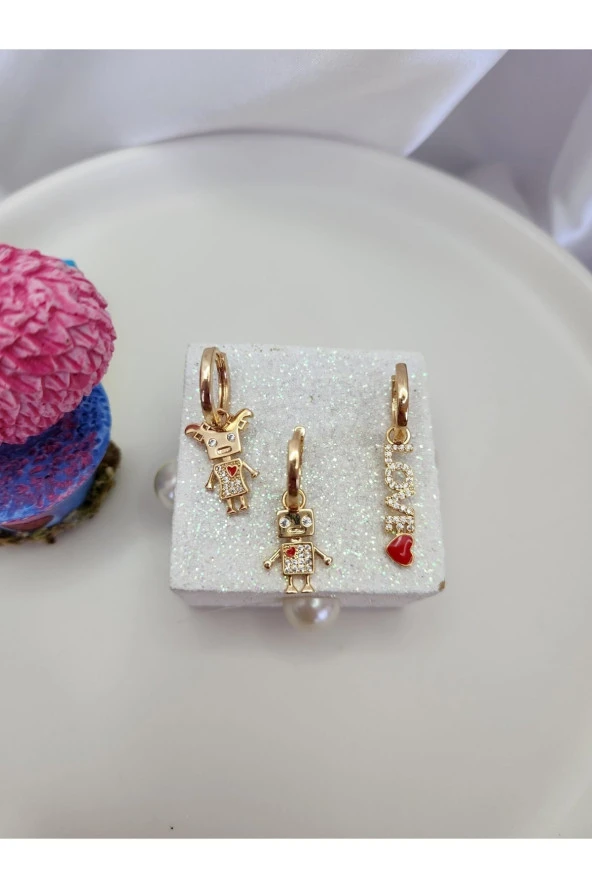 3' Lü Sevgili Çift Kalp Love Altın Kaplama Çelik Küpe - Resim 2