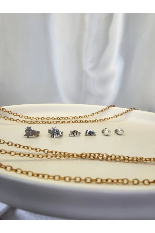 6'lı Çiçek Love Yıldız Model Çelik Küpe Seti - Resim 3