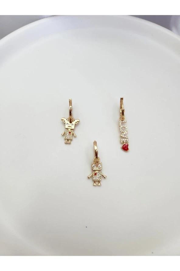 3' Lü Sevgili Çift Kalp Love Altın Kaplama Çelik Küpe - Resim 3