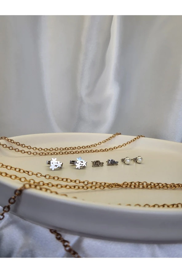 6'lı Çiçek Love Yıldız Model Çelik Küpe Seti - Resim 4