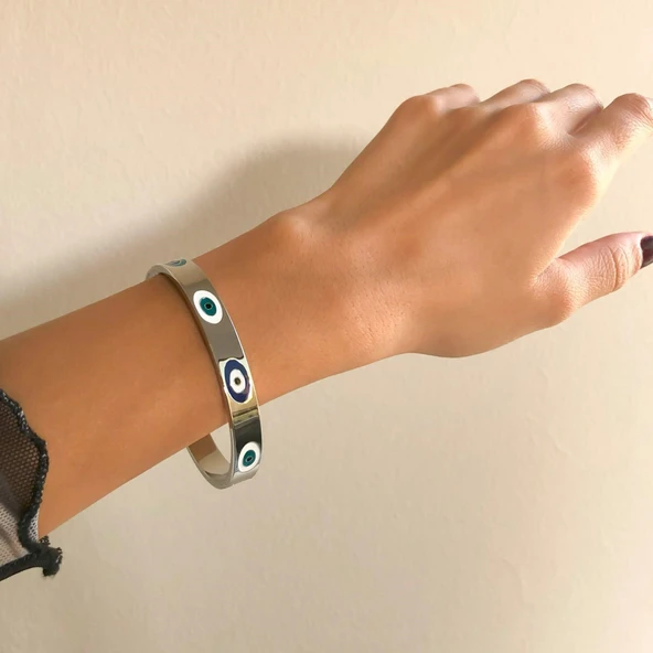 Çelik Kelepçe Bileklik Nazar Boncuklu Model BLZ-521 - Resim 2