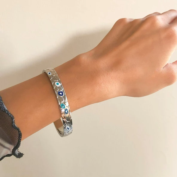 Çelik Kelepçe Bileklik Nazar Boncuklu Model BLZ-518 - Resim 4