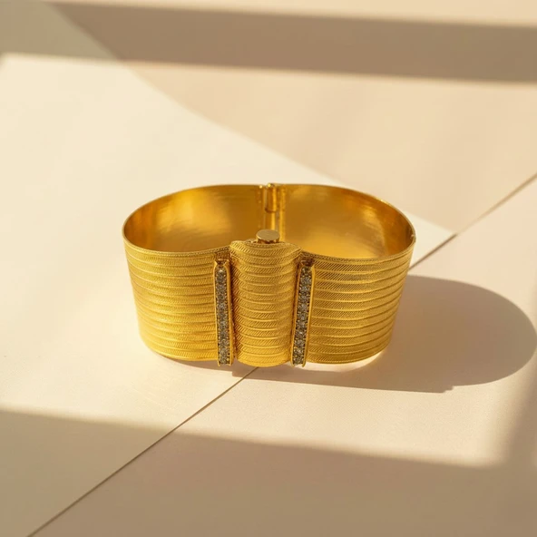 İmitasyon Trabzon Hasırı Altın Kaplama Zirkon Taşlı Kelepçe BLZ-157 - Resim 3