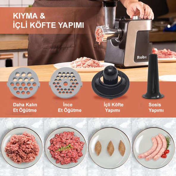 Robx R10 Çok Fonksiyonlu Içli Köfte Sosis Yapma & Salata Peynir Doğrama Dilimleme Makinası - 4