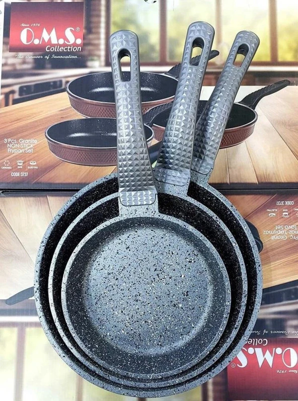 OMS 3737 Fry Pan Döküm Granit 3 Parça Tava Seti Gri (20-24-28 cm) - 2