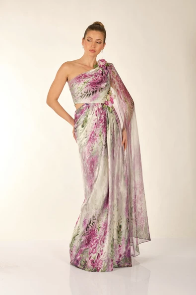 Alfa Beta Tek Omuz Şifon Şallı Desenli Saten Uzun Abiye Elbise - 3