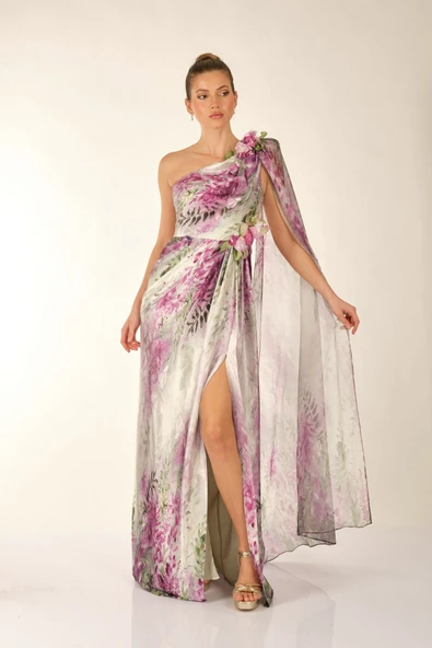 Alfa Beta Tek Omuz Şifon Şallı Desenli Saten Uzun Abiye Elbise