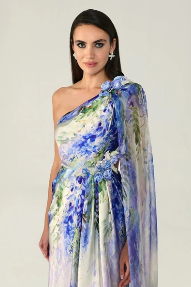 Alfa Beta Tek Omuz Şifon Şallı Desenli Saten Uzun Abiye Elbise - 11