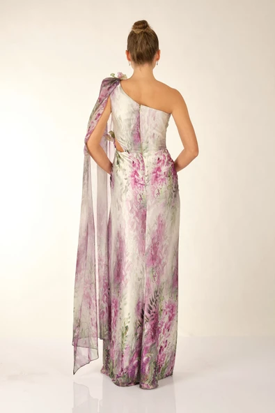 Alfa Beta Tek Omuz Şifon Şallı Desenli Saten Uzun Abiye Elbise - 8