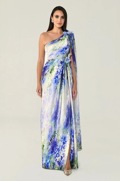 Alfa Beta Tek Omuz Şifon Şallı Desenli Saten Uzun Abiye Elbise - 10