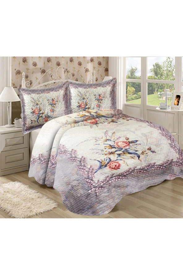 PAMUK DOLGULU KADİFE KUMAŞ Çiçek Desenli Yatak Odası Çift Kişilik Kapitone Yatak Örtüsü Seti Renkli 240 x 260