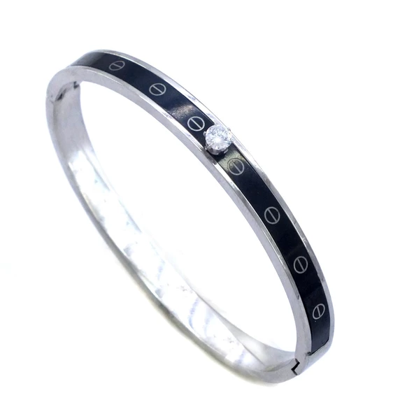 Çelik Kelepçe Bileklik Tek Taşlı Siyah Şerit BLZ-480 - Resim 2