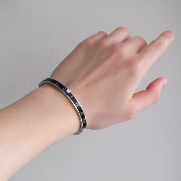 Çelik Kelepçe Bileklik Tek Taşlı Siyah Şerit BLZ-480 - Resim 4