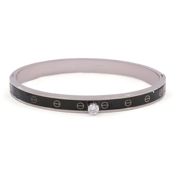 Çelik Kelepçe Bileklik Tek Taşlı Siyah Şerit BLZ-480 ürün görseli