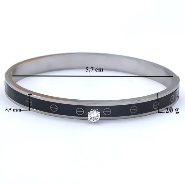 Çelik Kelepçe Bileklik Tek Taşlı Siyah Şerit BLZ-480 - Resim 5
