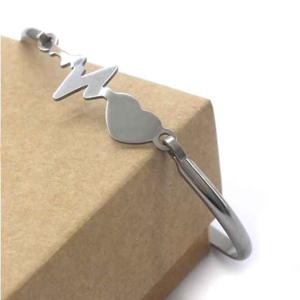 Çelik Kelepçe Bileklik Kalp Atışı Detaylı BLZ-491 - Resim 3