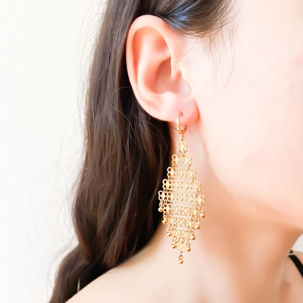 Altın Kaplama Küpe Sallantılı Hint Model UNK-503 - Resim 2