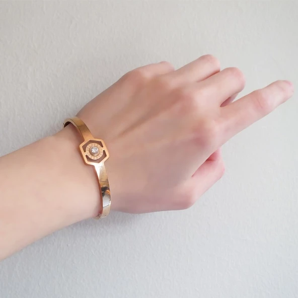 316l Çelik Rose Zirkon Tek Taşlı Spor Kelepçe - 3