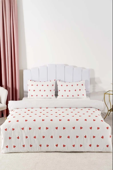 Rivaİstanbul Kırmızı Kalpli Çift Kişilik Nevresim Takımı Pamuklu - Resim 6