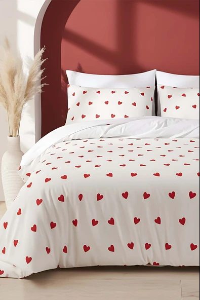 Rivaİstanbul Kırmızı Kalpli Çift Kişilik Nevresim Takımı Pamuklu ürün görseli 1