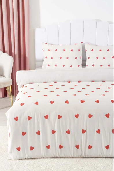 Rivaİstanbul Kırmızı Kalpli Çift Kişilik Nevresim Takımı Pamuklu - Resim 3