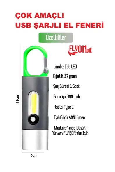 USB ŞARJLI EL FENERİ HEM FENER HEM ORTAM AYDINLATMA KANCALI FLAŞÖR KAMP , CEP , KAMP ÇANTASI ,LAMBA - 2