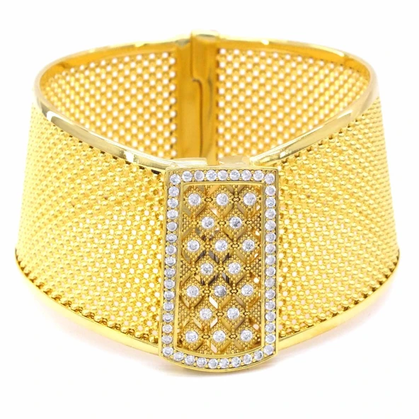 İmitasyon Trabzon Hasırı Altın Kaplama Zirkon Taşlı Kelepçe BLZ-202 - Resim 4