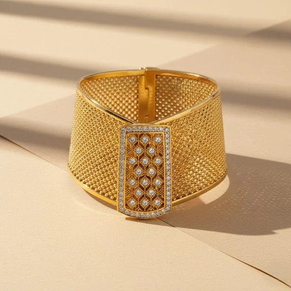 İmitasyon Trabzon Hasırı Altın Kaplama Zirkon Taşlı Kelepçe BLZ-202 - Resim 3