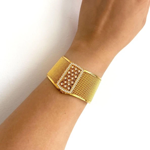 İmitasyon Trabzon Hasırı Altın Kaplama Zirkon Taşlı Kelepçe BLZ-202 - Resim 6