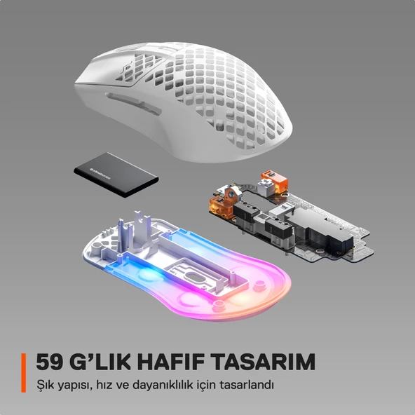 SteelSeries Aerox 3 2022 Edition Snow SSM62603 8500 CPI 6 Tuş RGB Optik Kablolu Gaming (Oyuncu) Mouse - Beyaz - 2