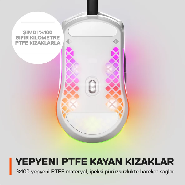 SteelSeries Aerox 3 2022 Edition Snow SSM62603 8500 CPI 6 Tuş RGB Optik Kablolu Gaming (Oyuncu) Mouse - Beyaz - 5